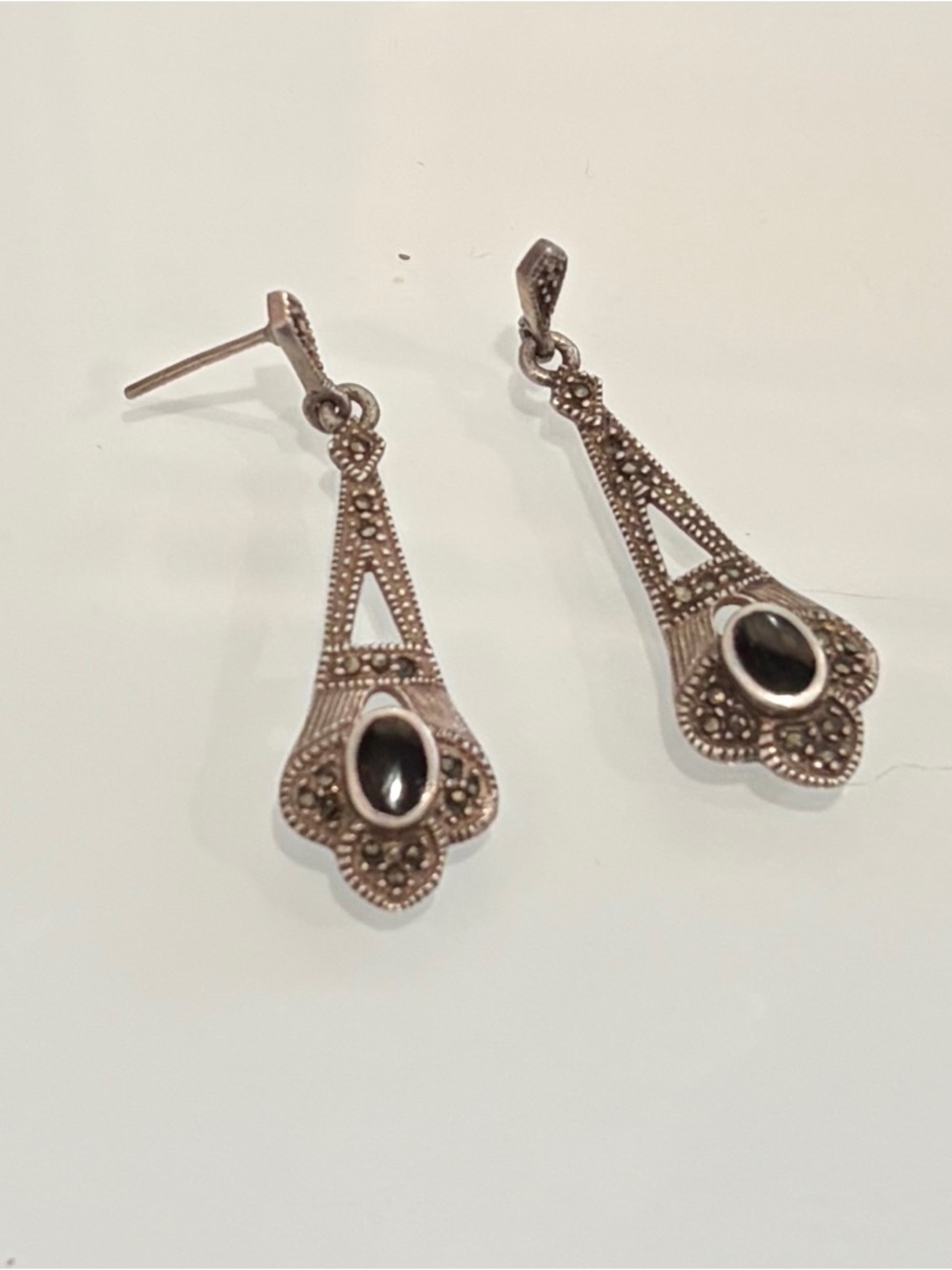 Sterling Silver Marcasite Drop Earrings with Black Onyx